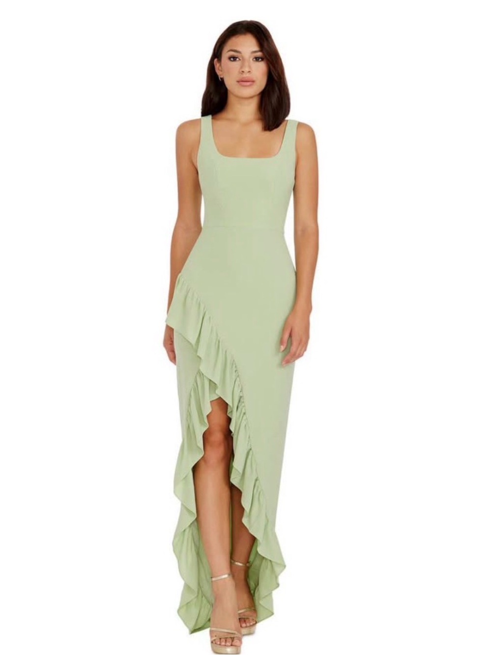 Dress the Population Sage Green Asymmetrical Ruffle Sheath Dress
